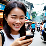 **

Prompt: A modern Vietnamese woman smiling warmly while using a customer service chatbot on her phone. The background features a bustling Hanoi street scene with motorbikes and food stalls. Focus on the convenience and personalized service provided by AI technology in everyday life in Vietnam.

**