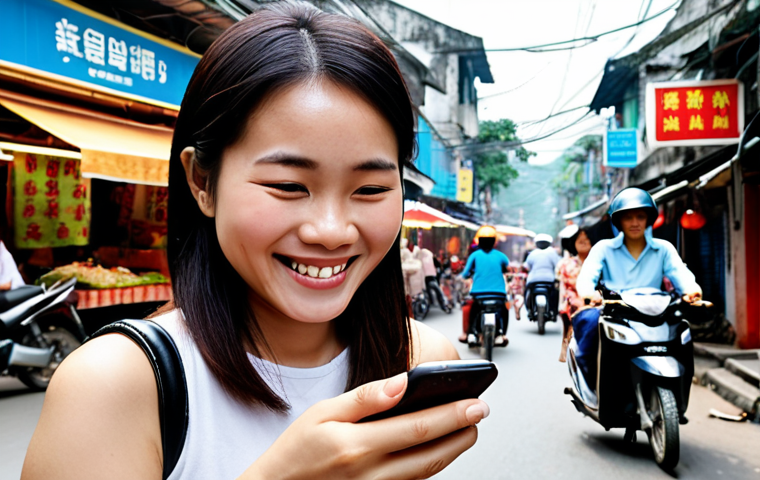 **
Prompt: A modern Vietnamese woman smiling warmly while using a customer service chatbot on her phone. The background features a bustling Hanoi street scene with motorbikes and food stalls. Focus on the convenience and personalized service provided by AI technology in everyday life in Vietnam.
**