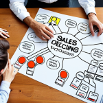 ** Business people brainstorming, using mind maps and critical thinking to identify the root cause of a sales decline issue, in a bright, collaborative workspace. Focus on problem-solving and creative solutions.

**