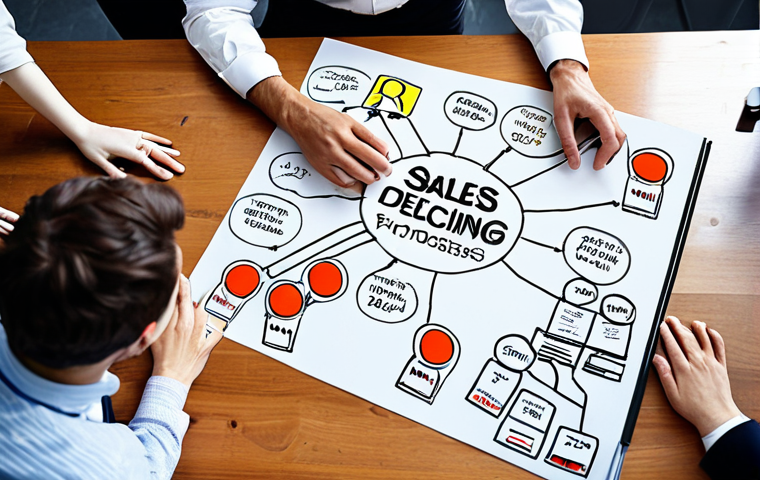 ** Business people brainstorming, using mind maps and critical thinking to identify the root cause of a sales decline issue, in a bright, collaborative workspace. Focus on problem-solving and creative solutions.

**